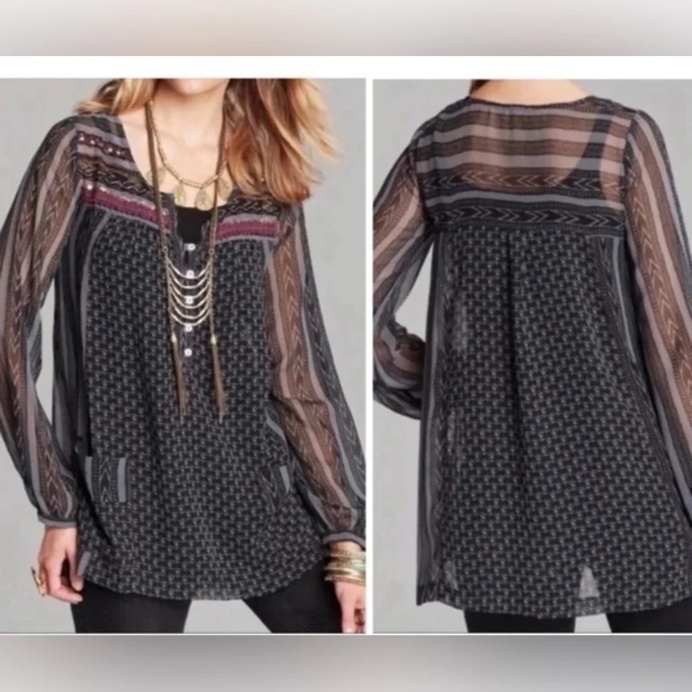 Free People Feather in the Wind‎ Sheer Beaded Boho Tunic Top Blouse XS